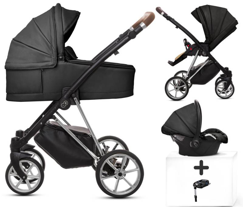 TPFFamily Kombi-Kinderwagen 4 in 1 Musse Royal, Baby Buggy Babywanne Autositz Isofix Basis, Zubehör-Set Kinderwagen 4 in 1 Kunstleder Schwarz, Gestell Silber von TPFFamily