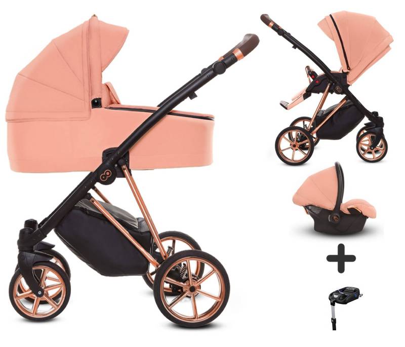 TPFFamily Kombi-Kinderwagen 4 in 1 Musse Ultra, Baby Buggy Babywanne Autositz Isofix Basis, großes Zubehör-Set Kinderwagen 4 in 1 Stoff Apricot, Gestell Rosé Gold von TPFFamily