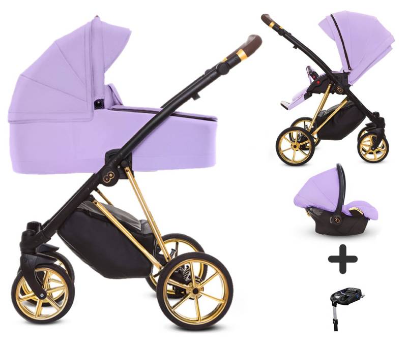 TPFFamily Kombi-Kinderwagen 4 in 1 Musse Ultra, Baby Buggy Babywanne Autositz Isofix Basis, großes Zubehör-Set Kinderwagen 4 in 1 Stoff Lila, Gestell Gold von TPFFamily
