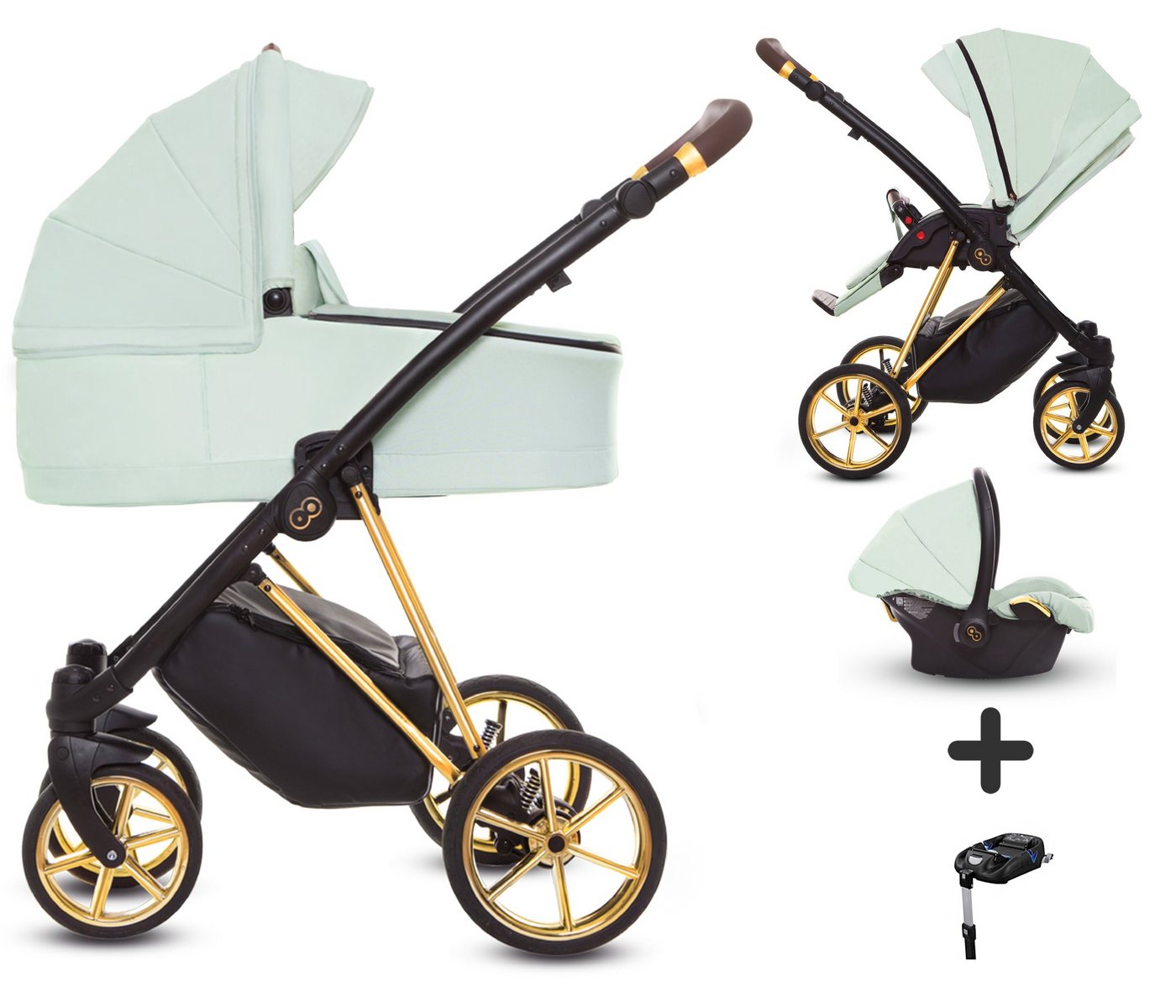 TPFLiving Kombi-Kinderwagen 4 in 1 Musse Ultra, Baby Buggy Babywanne Autositz Isofix Basis, großes Zubehör-Set Kinderwagen 4 in 1 Stoff Mint, Gestell Gold von TPFLiving