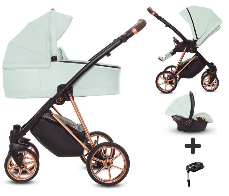 TPFFamily Kombi-Kinderwagen 4 in 1 Musse Ultra, Baby Buggy Babywanne Autositz Isofix Basis, großes Zubehör-Set Kinderwagen 4 in 1 Stoff Mint, Gestell Rosé Gold von TPFFamily