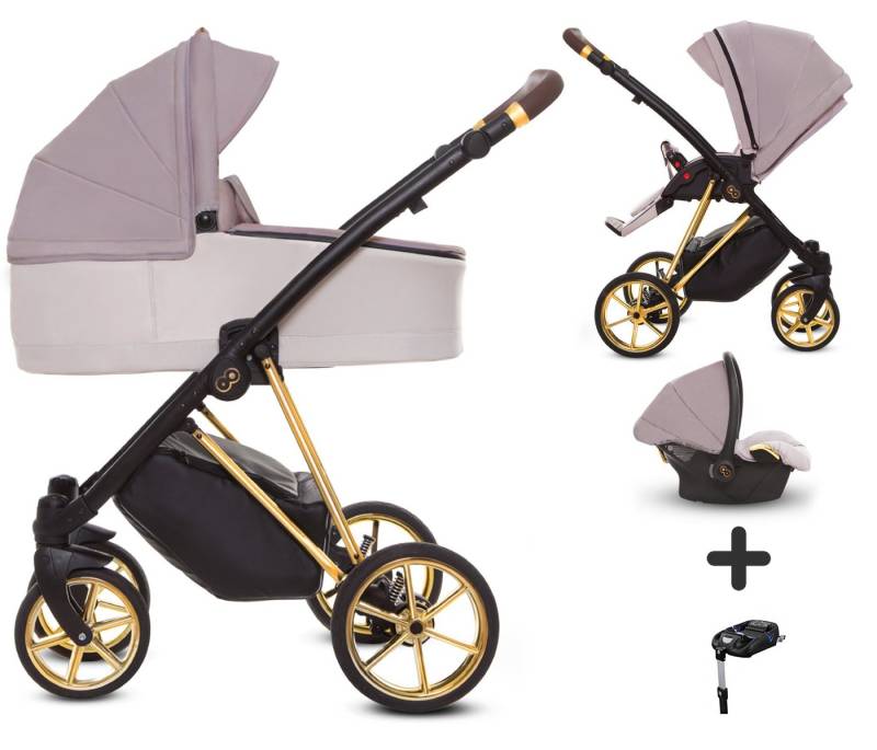 TPFFamily Kombi-Kinderwagen 4 in 1 Musse Ultra, Baby Buggy Babywanne Autositz Isofix Basis, großes Zubehör-Set Kinderwagen 4 in 1 Stoff Pastell, Gestell Gold von TPFFamily