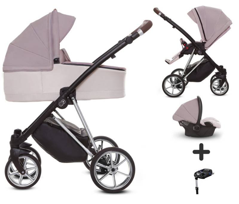TPFFamily Kombi-Kinderwagen 4 in 1 Musse Ultra, Baby Buggy Babywanne Autositz Isofix Basis, großes Zubehör-Set Kinderwagen 4 in 1 Stoff Pastell, Gestell Silber von TPFFamily