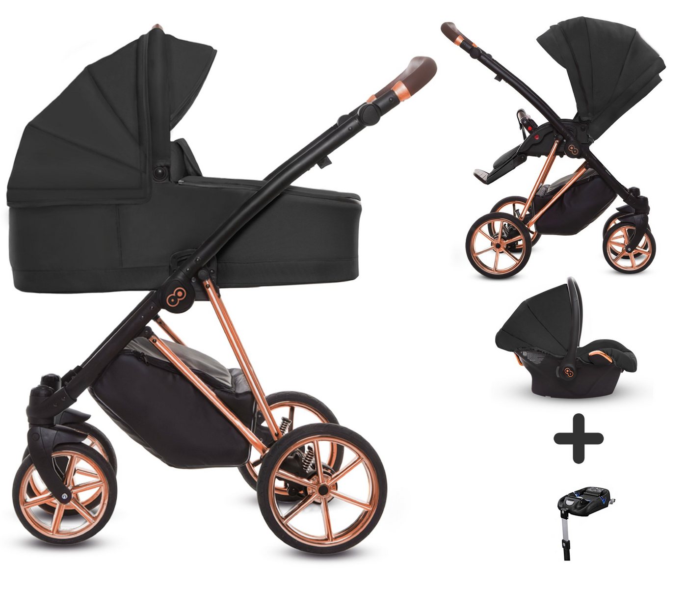 TPFLiving Kombi-Kinderwagen 4 in 1 Musse Ultra, Baby Buggy Babywanne Autositz Isofix Basis, großes Zubehör-Set Kinderwagen 4 in 1 Stoff Schwarz, Gestell Rosé Gold von TPFLiving