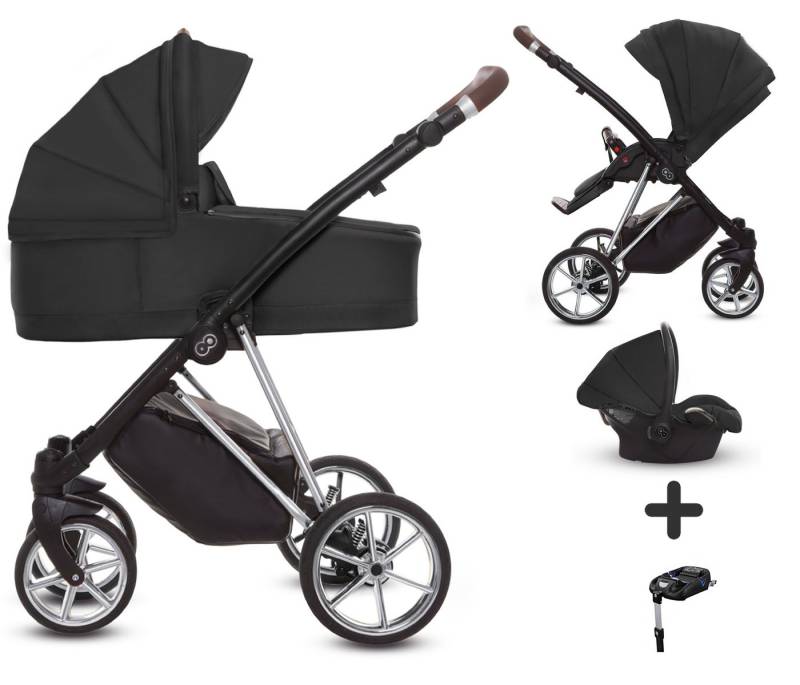 TPFFamily Kombi-Kinderwagen 4 in 1 Musse Ultra, Baby Buggy Babywanne Autositz Isofix Basis, großes Zubehör-Set Kinderwagen 4 in 1 Stoff Schwarz, Gestell Silber von TPFFamily