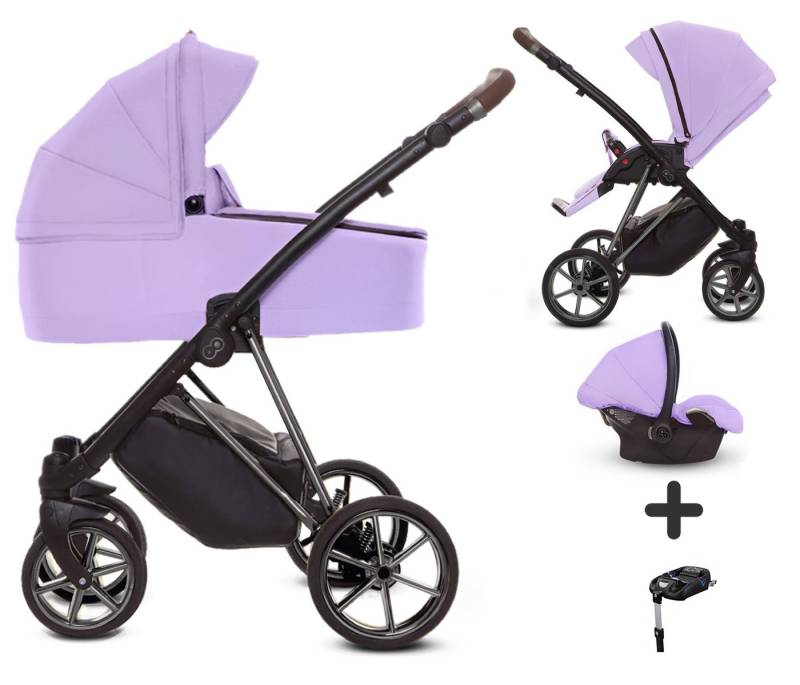 TPFFamily Kombi-Kinderwagen 4 in 1 Musse Ultra, Baby Buggy Babywanne Autositz Isofix Basis, großes Zubehör-Set Kinderwagen 4 in 1 Stoff Lila, Gestell Grau von TPFFamily