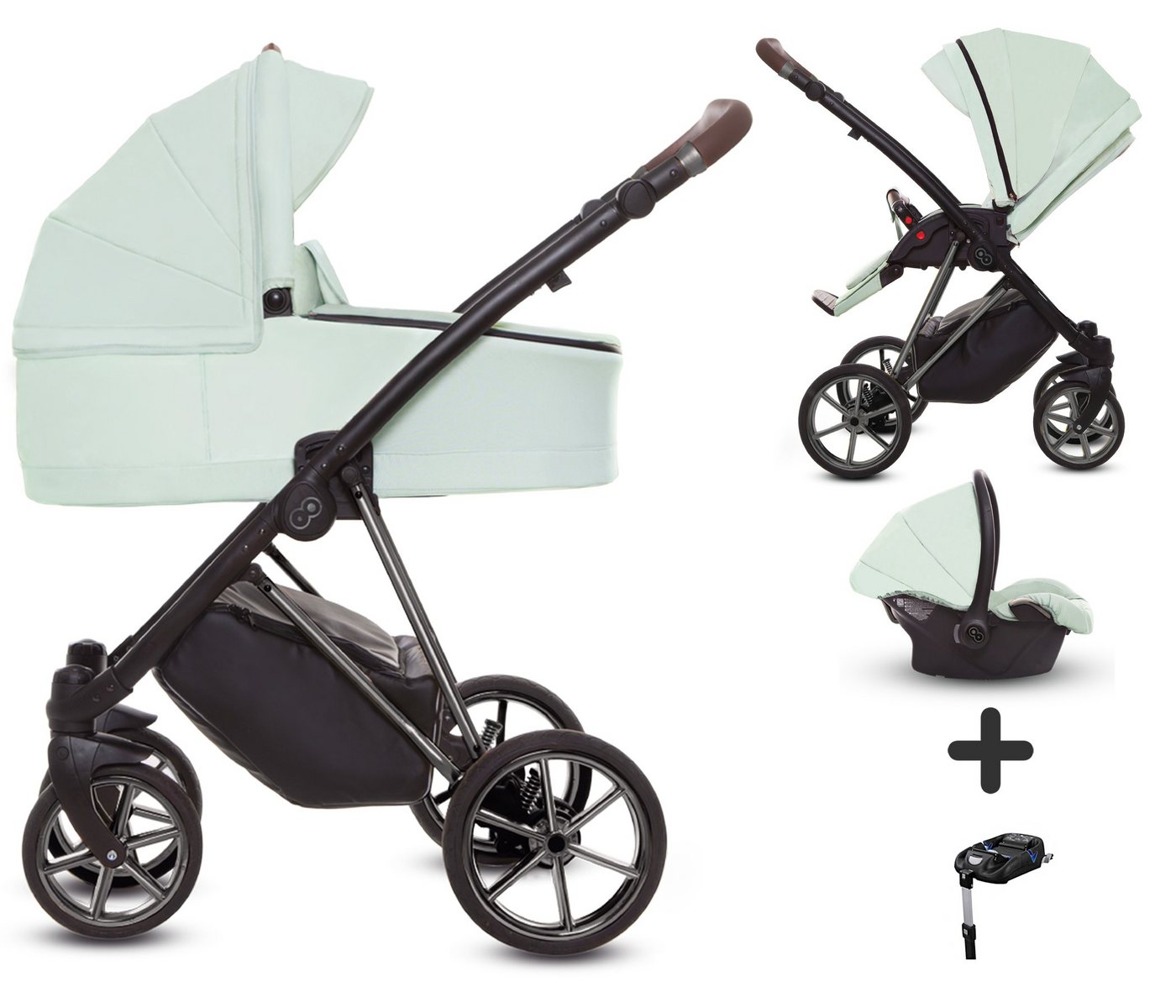 TPFLiving Kombi-Kinderwagen 4 in 1 Musse Ultra, Baby Buggy Babywanne Autositz Isofix Basis, großes Zubehör-Set Kinderwagen 4 in 1 Stoff Mint, Gestell Grau von TPFLiving