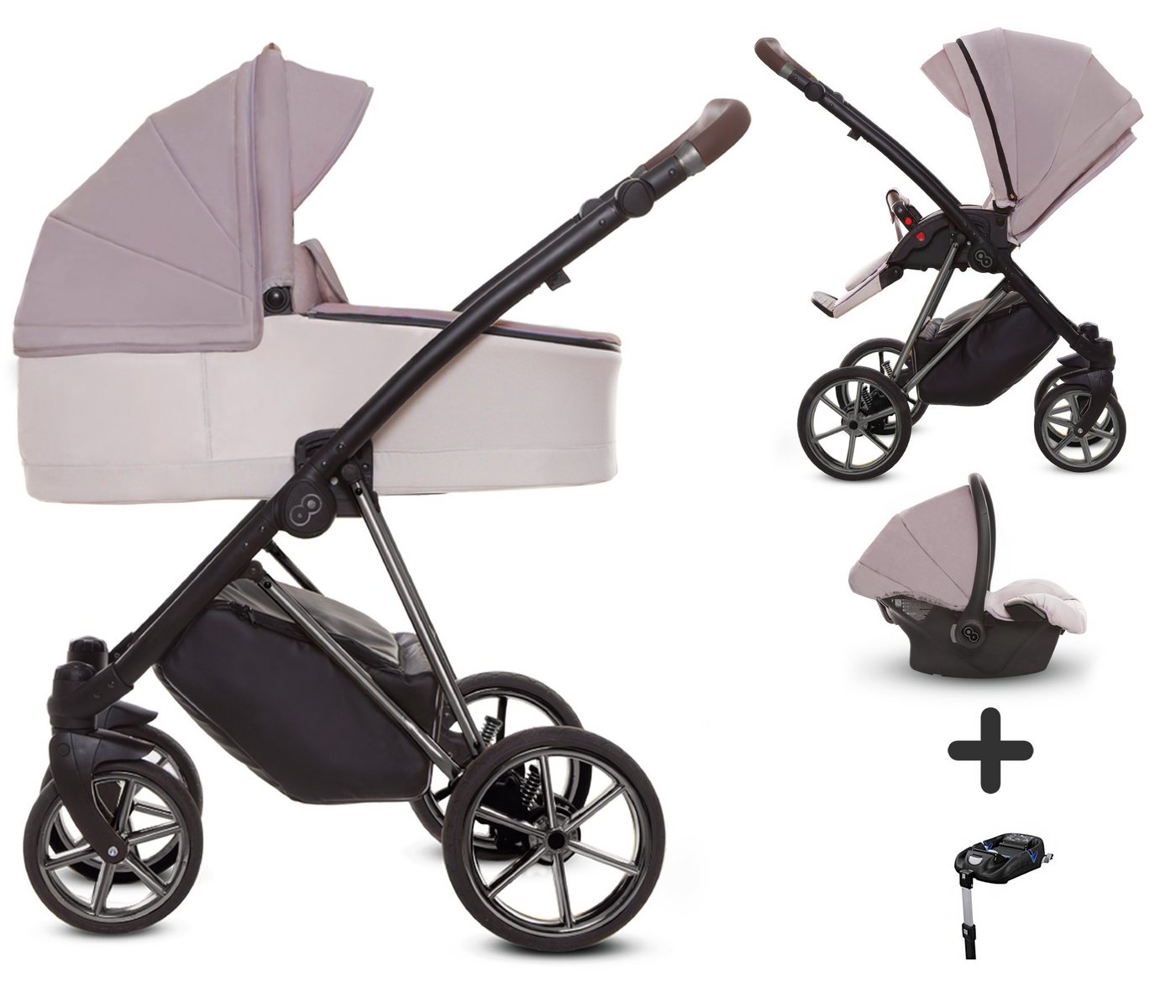 TPFLiving Kombi-Kinderwagen 4 in 1 Musse Ultra, Baby Buggy Babywanne Autositz Isofix Basis, großes Zubehör-Set Kinderwagen 4 in 1 Stoff Pastell, Gestell Grau von TPFLiving