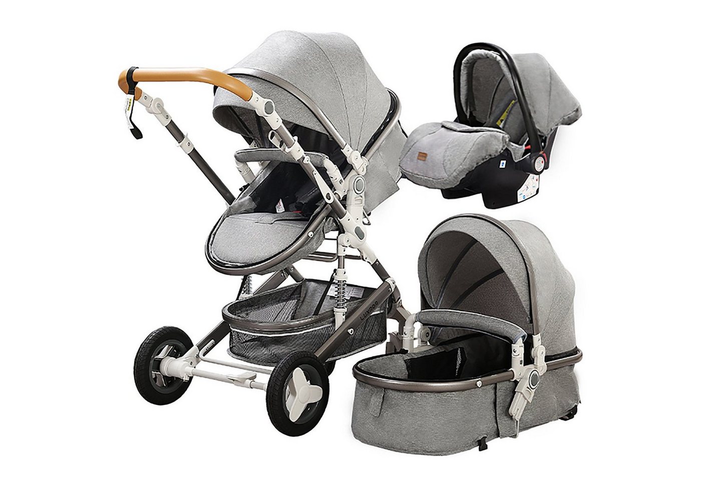 TPFFamily Kombi-Kinderwagen Baby Buggy Babyschale Babywanne 5-Punkt-Sicherheitsgurt Getränkehalter, Sicherheitsschlaufe Kinderwagen 3 in 1 mit Stoßfederung- Grau von TPFFamily