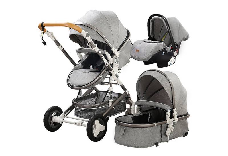 TPFFamily Kombi-Kinderwagen Baby Buggy Babyschale Babywanne 5-Punkt-Sicherheitsgurt Getränkehalter, Sicherheitsschlaufe Kinderwagen 3 in 1 mit Stoßfederung- Grau von TPFFamily