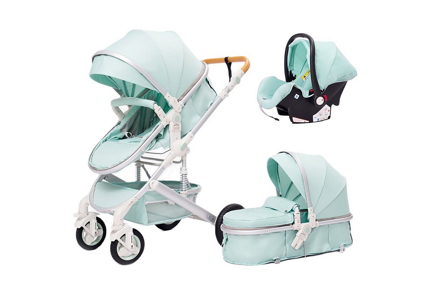 TPFLiving Kombi-Kinderwagen Baby Buggy Babyschale Babywanne 5-Punkt-Sicherheitsgurt Getränkehalter, Sicherheitsschlaufe Kinderwagen 3 in 1 mit Stoßfederung- Hellgrün von TPFLiving