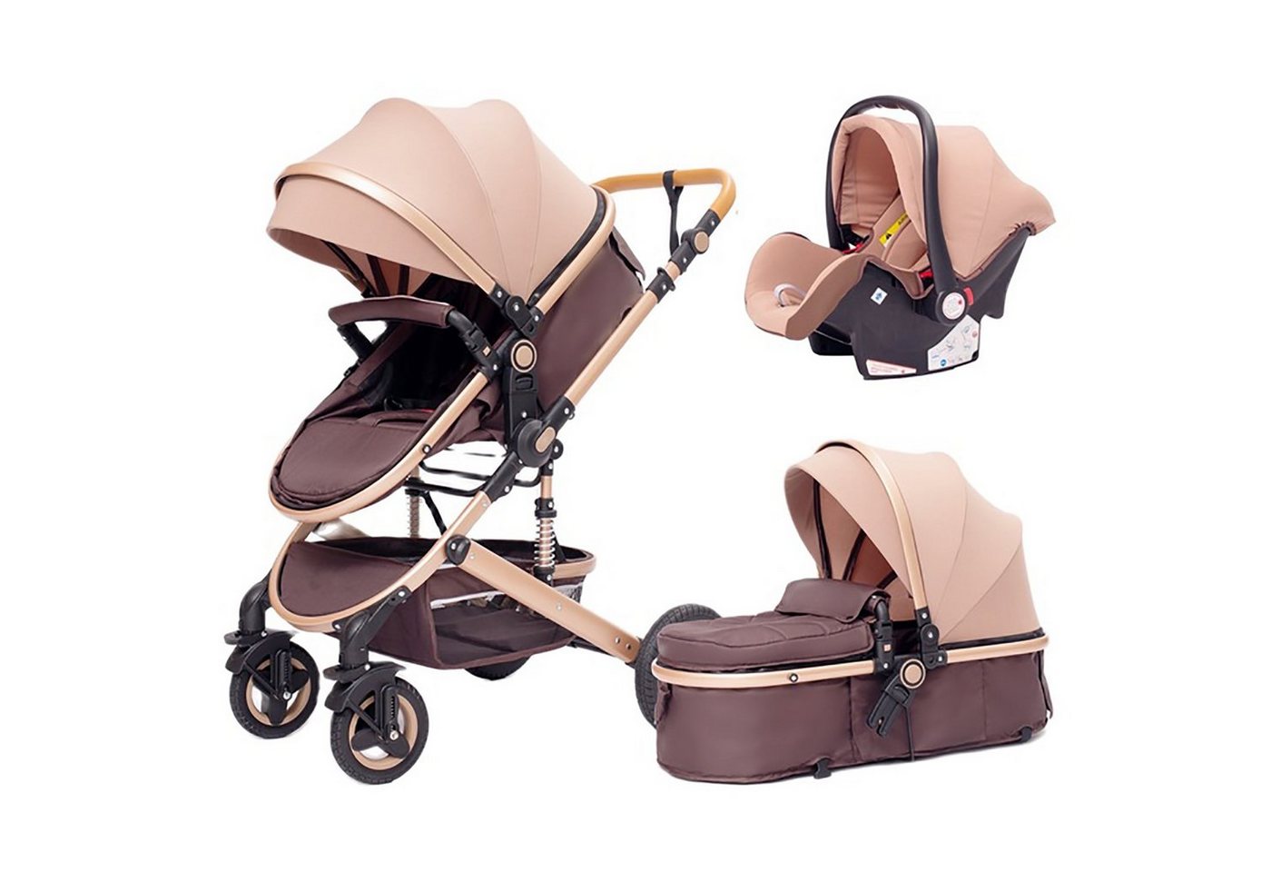 TPFLiving Kombi-Kinderwagen Baby Buggy Babyschale Babywanne 5-Punkt-Sicherheitsgurt Getränkehalter, Sicherheitsschlaufe Kinderwagen 3 in 1 mit Stoßfederung- Khaki von TPFLiving