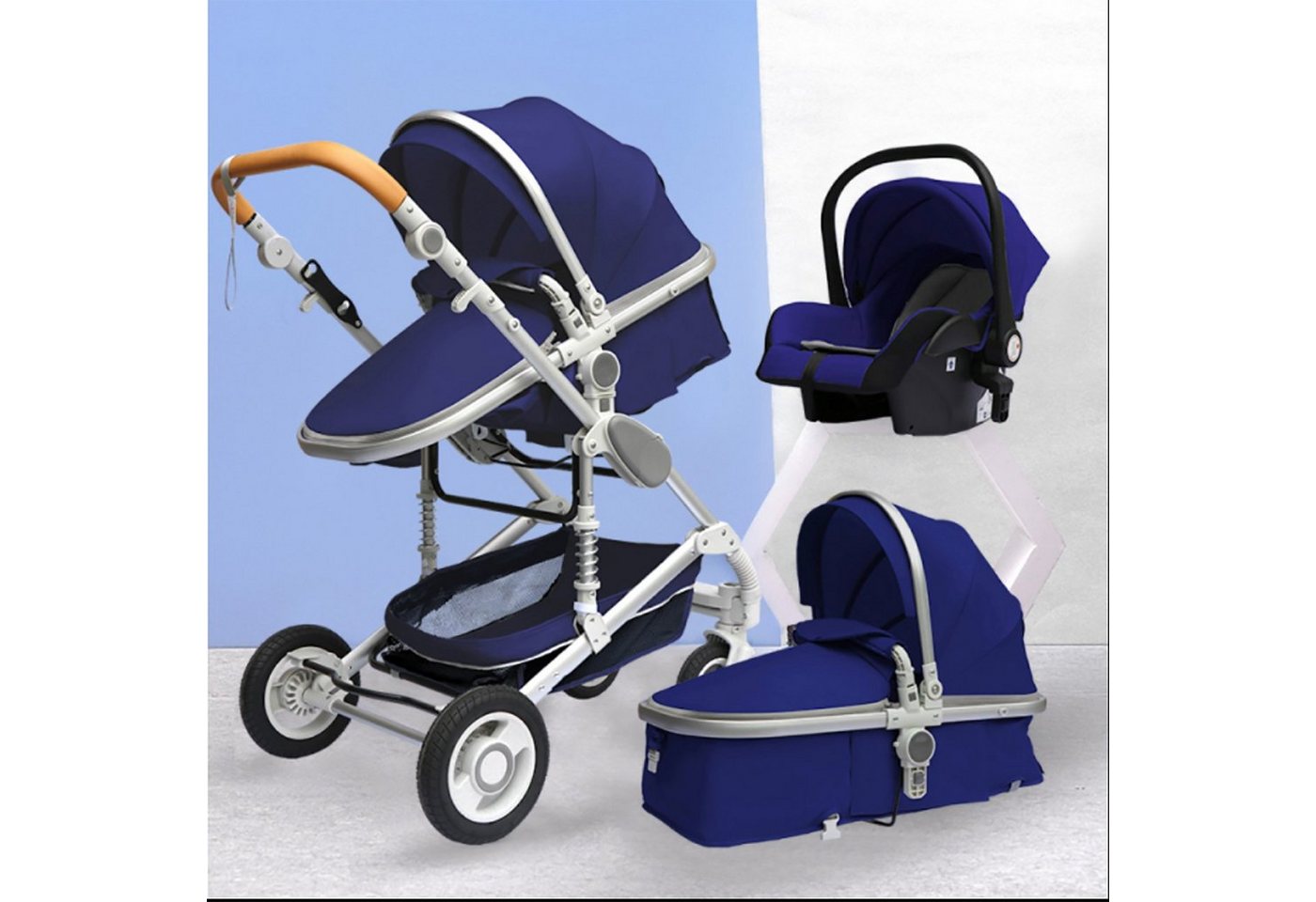 TPFLiving Kombi-Kinderwagen Babyschale Baby Buggy Babywanne 5-Punkt-Sicherheitsgurt Moskitonetz, Getränkehalter Kinderwagen 3 in 1 inkl. großem Zubehörset Blau von TPFLiving