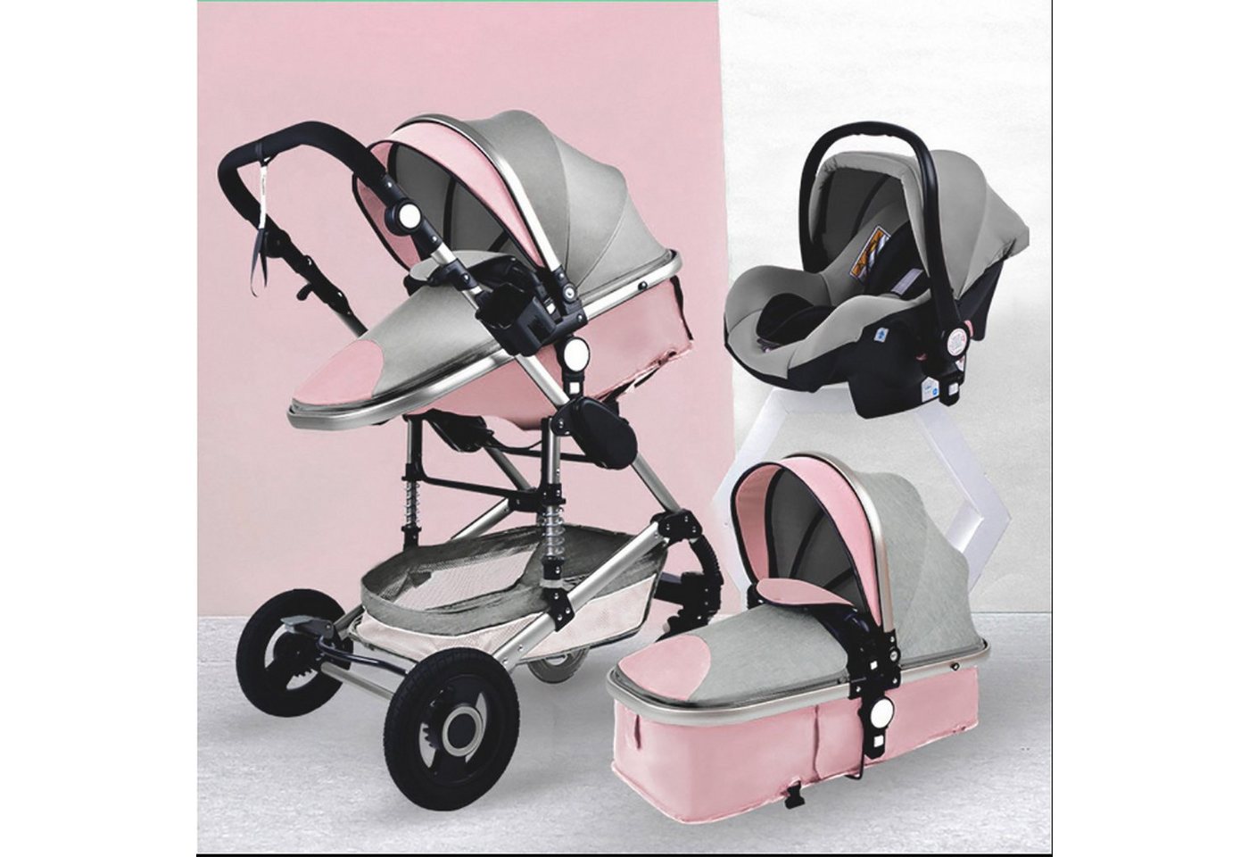 TPFLiving Kombi-Kinderwagen Babyschale Baby Buggy Babywanne 5-Punkt-Sicherheitsgurt Moskitonetz, Getränkehalter Kinderwagen 3 in 1 inkl. großem Zubehörset Rosa-Grau von TPFLiving