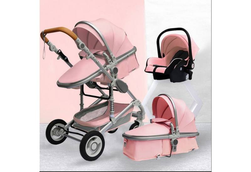 TPFFamily Kombi-Kinderwagen Babyschale Baby Buggy Babywanne 5-Punkt-Sicherheitsgurt Moskitonetz, Getränkehalter Kinderwagen 3 in 1 inkl. großem Zubehörset Rosa von TPFFamily