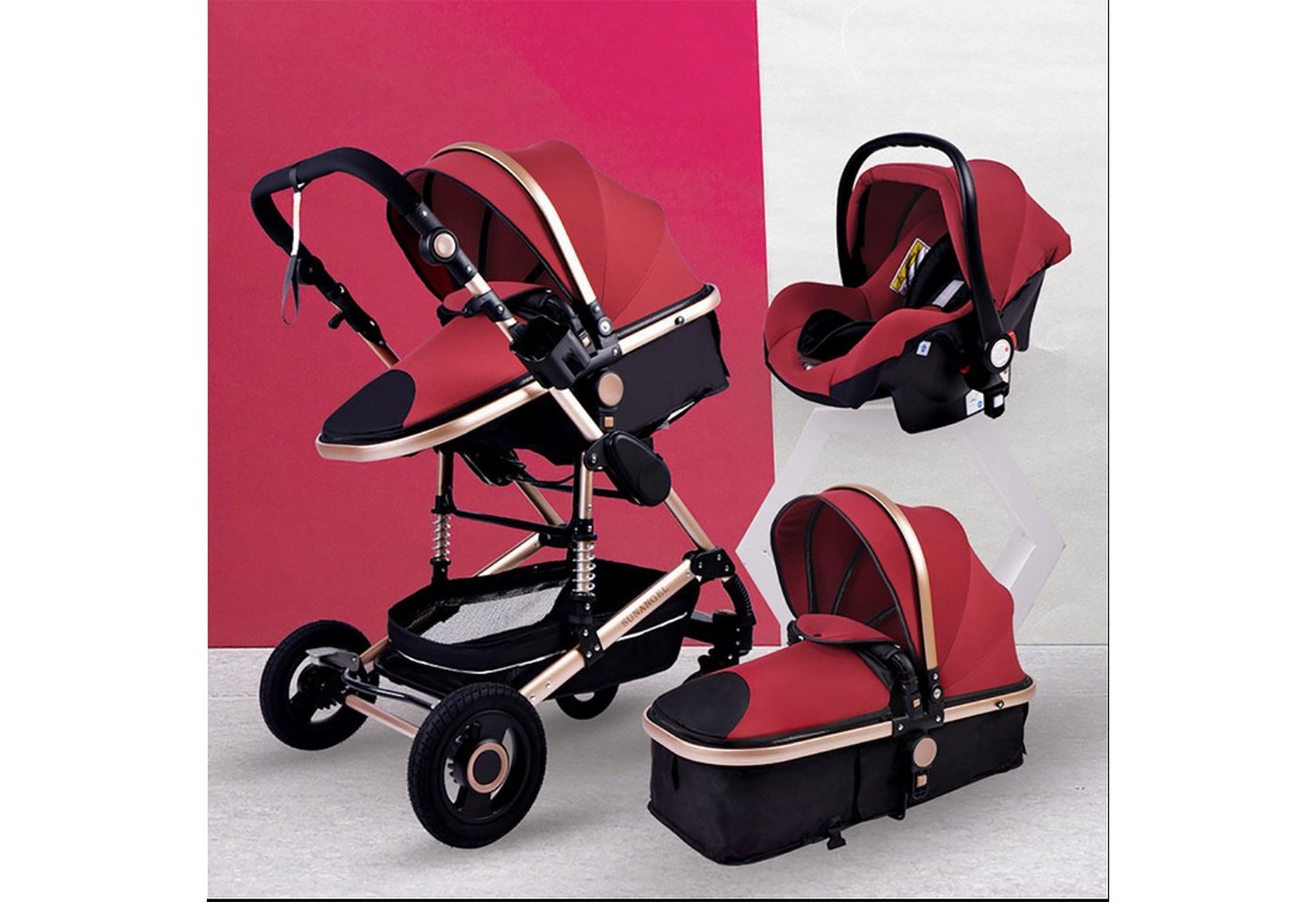 TPFLiving Kombi-Kinderwagen Babyschale Baby Buggy Babywanne 5-Punkt-Sicherheitsgurt Moskitonetz, Getränkehalter Kinderwagen 3 in 1 inkl. großem Zubehörset Rot von TPFLiving