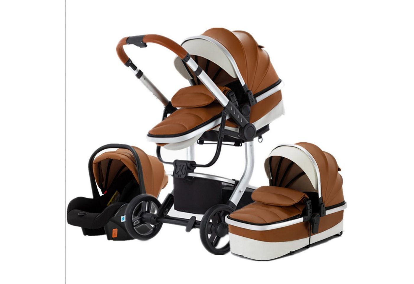 TPFLiving Kombi-Kinderwagen Babyschale Baby Buggy Babywanne 5-Punkt-Sicherheitsgurt Moskitonetz, Getränkehalter inkl. Zubehörset Kinderwagen 3 in 1 Kunstleder Braun von TPFLiving