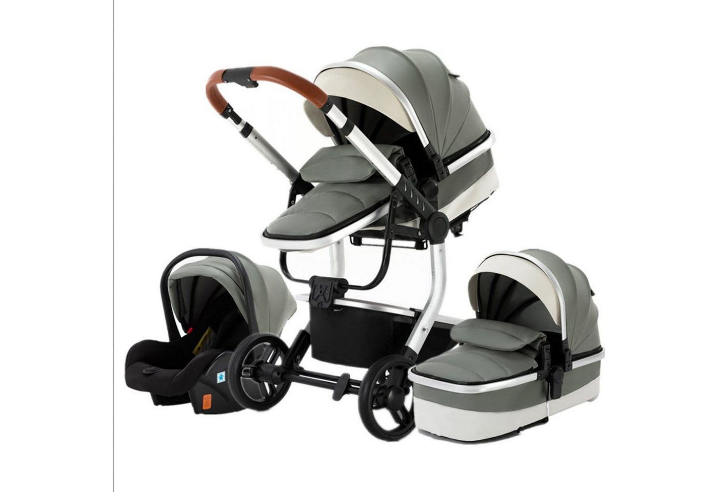 TPFLiving Kombi-Kinderwagen Babyschale Baby Buggy Babywanne 5-Punkt-Sicherheitsgurt Moskitonetz, Getränkehalter inkl. Zubehörset Kinderwagen 3 in 1 Kunstleder Grau von TPFLiving