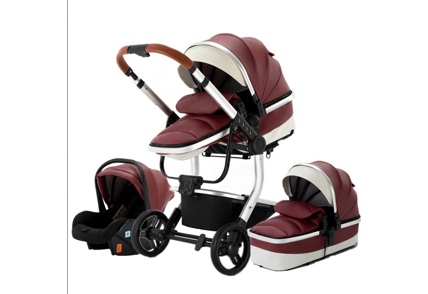 TPFLiving Kombi-Kinderwagen Babyschale Baby Buggy Babywanne 5-Punkt-Sicherheitsgurt Moskitonetz, Getränkehalter inkl. Zubehörset Kinderwagen 3 in 1 Kunstleder Rot von TPFLiving