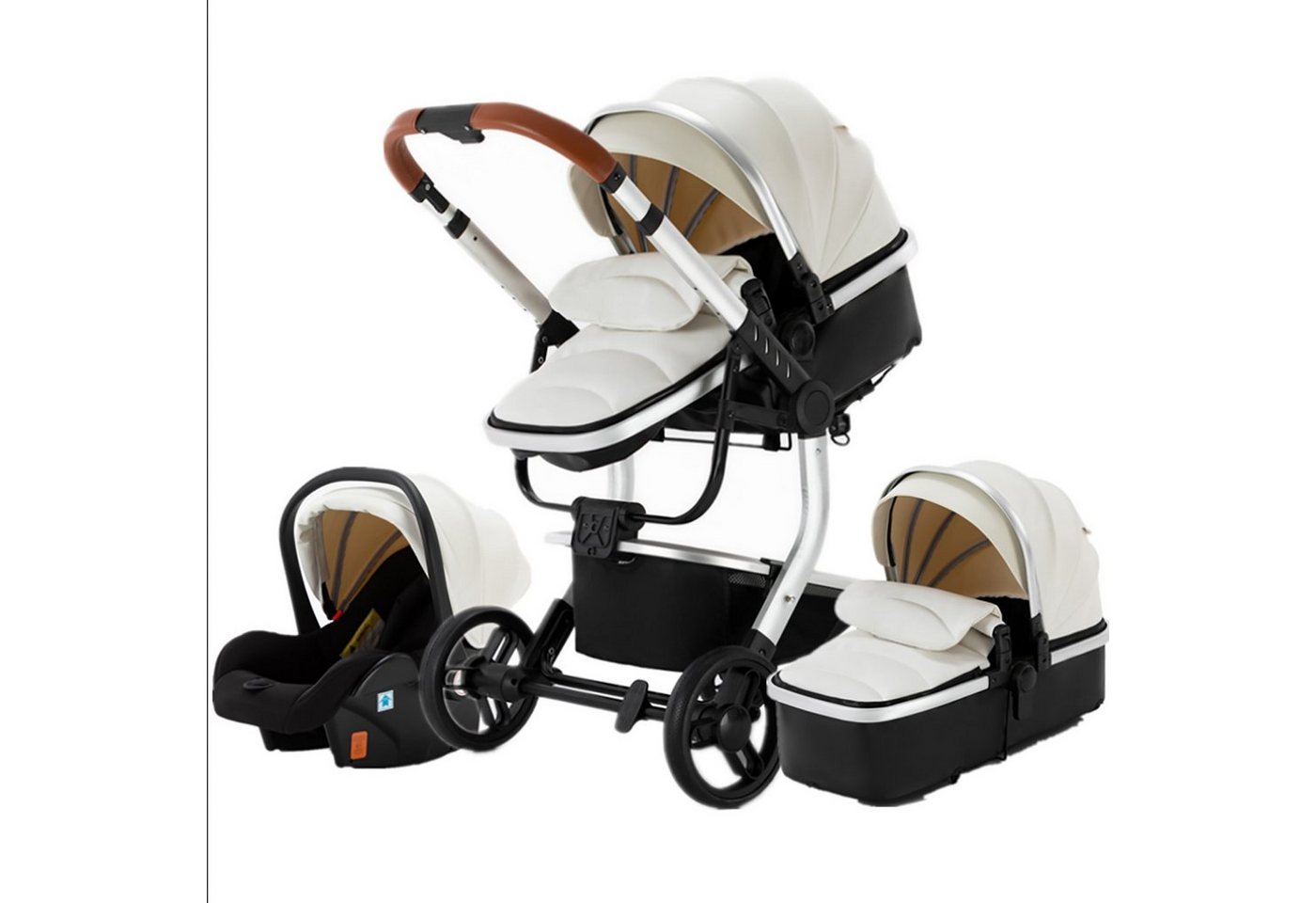 TPFLiving Kombi-Kinderwagen Babyschale Baby Buggy Babywanne 5-Punkt-Sicherheitsgurt Moskitonetz, Getränkehalter inkl. Zubehörset Kinderwagen 3 in 1 Kunstleder Weiß von TPFLiving