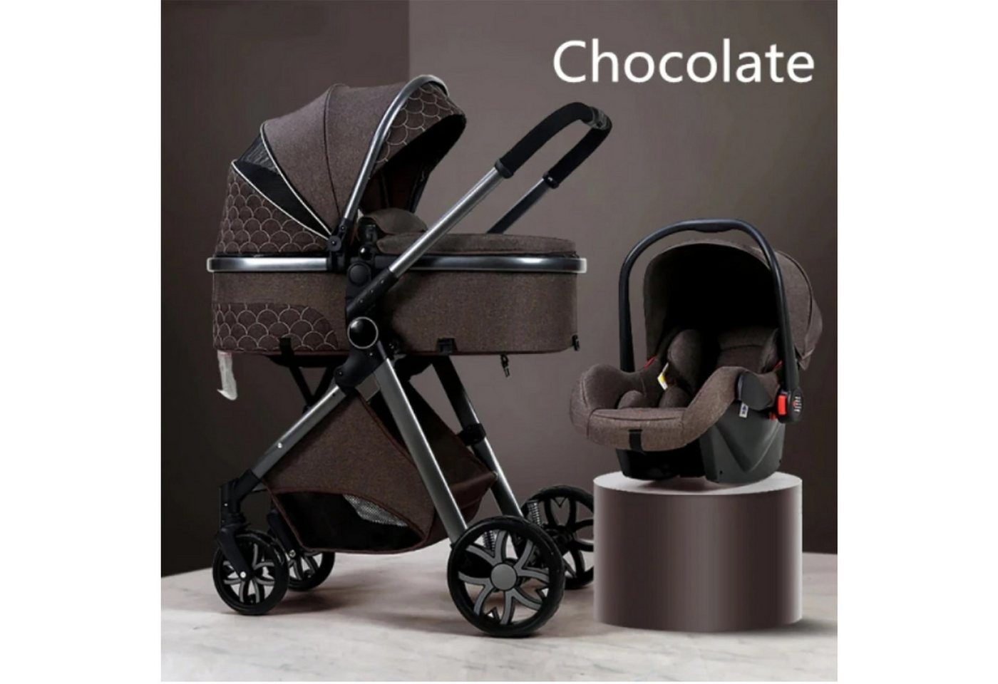 TPFLiving Kombi-Kinderwagen Babyschale Baby Buggy Babywanne Windeltasche, Moskitonetz Regenschutz Kinderwagen 3 in 1 inkl. Zubehörset Schokolade von TPFLiving