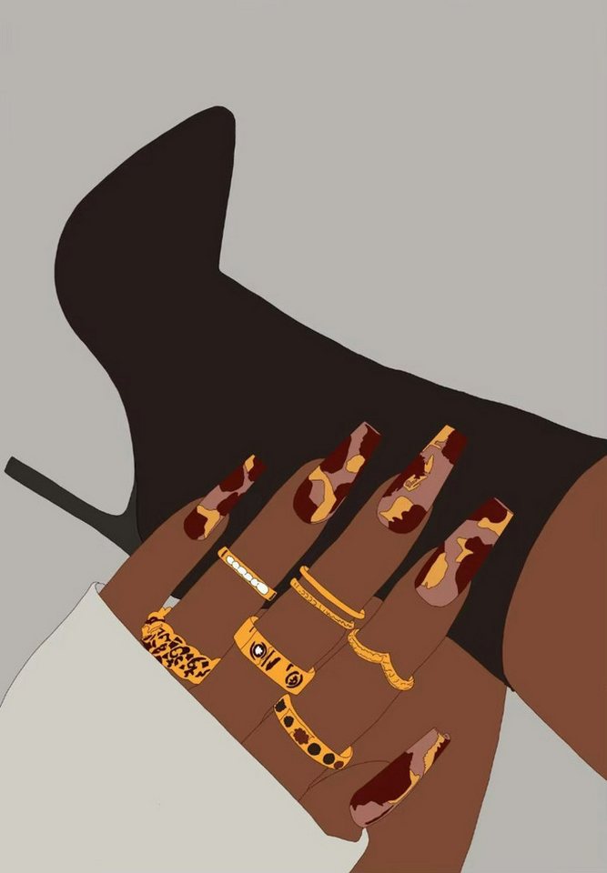 TPFLiving Kunstdruck (OHNE RAHMEN) Poster - Leinwand - Wandbild, Afrikanische Frau Mode Nägel Maniküre Schönheitssalon Leinwand (Leinwandbild XXL), Farben: Braun, Schwarz, Rosa, Gelb, Weiß, Blau -Größe: 30x42cm von TPFLiving