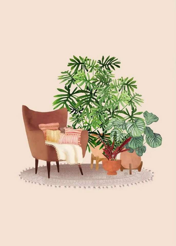 TPFLiving Kunstdruck (OHNE RAHMEN) Poster - Leinwand - Wandbild, Boho Pflanzen Topf Palmblätter Botanische Wandkunst Leinwand (Leinwandbild XXL), Farben: Grün, Braun, Gelb, Rosa, Blau, Beige - Größe: 30x42cm von TPFLiving