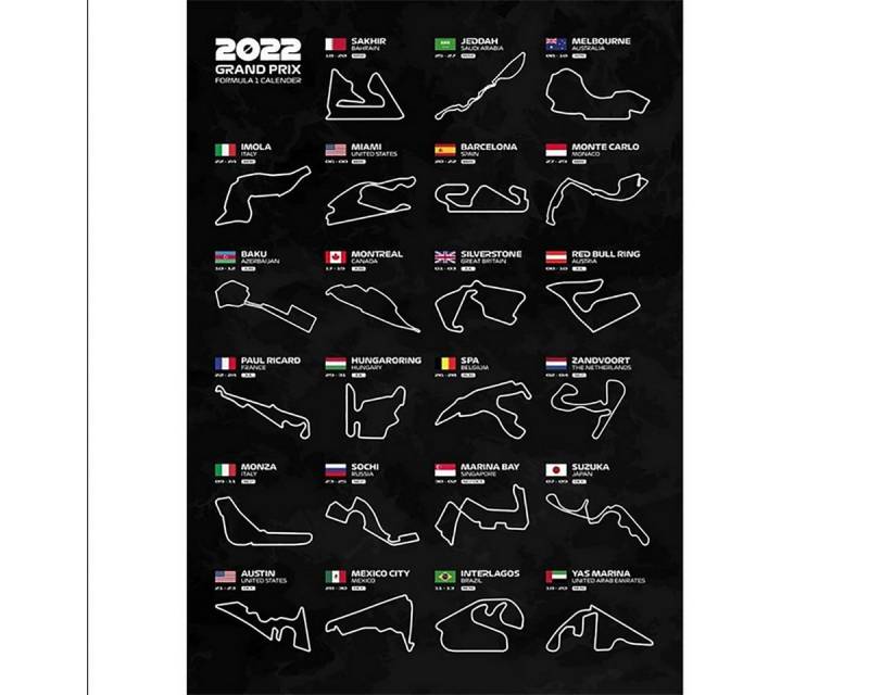 TPFLiving Kunstdruck (OHNE RAHMEN) Poster - Leinwand - Wandbild, Formel 1 2022 - Formula 1 2022 - Kalender mit Rennstrecken (Leinwand Wohnzimmer, Leinwand Bilder, Kunstdruck), Leinwand bunt - Größe 20x30cm von TPFLiving