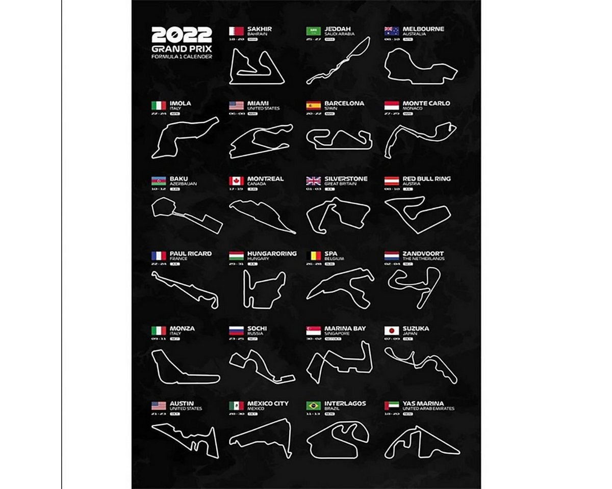 TPFLiving Kunstdruck (OHNE RAHMEN) Poster - Leinwand - Wandbild, Formel 1 2022 - Formula 1 2022 - Kalender mit Rennstrecken (Leinwand Wohnzimmer, Leinwand Bilder, Kunstdruck), Leinwand bunt - Größe 20x30cm von TPFLiving