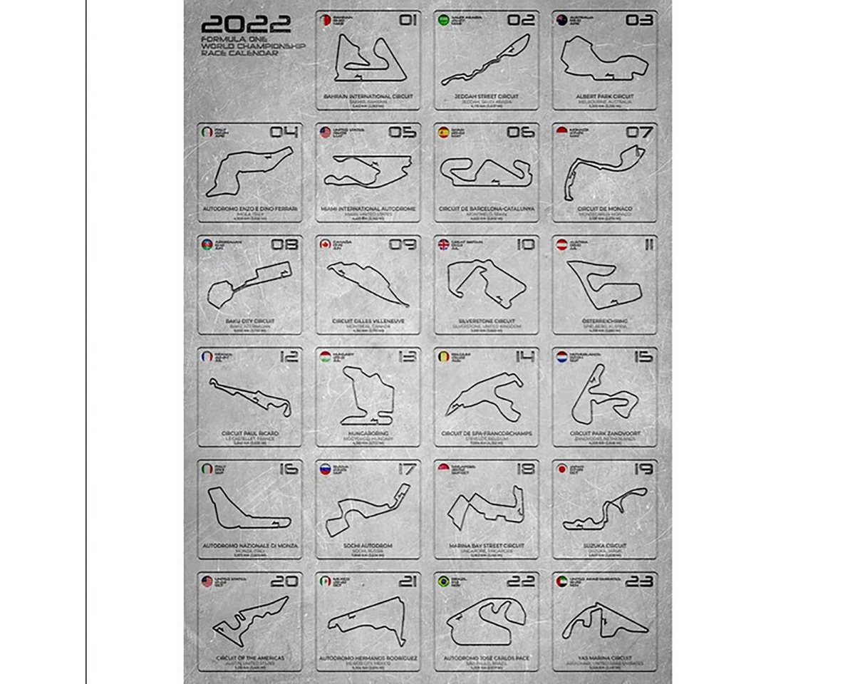 TPFLiving Kunstdruck (OHNE RAHMEN) Poster - Leinwand - Wandbild, Formel 1 2022 - Formula 1 2022 - Kalender mit Rennstrecken (Leinwand Wohnzimmer, Leinwand Bilder, Kunstdruck), Leinwand bunt - Größe 20x30cm von TPFLiving