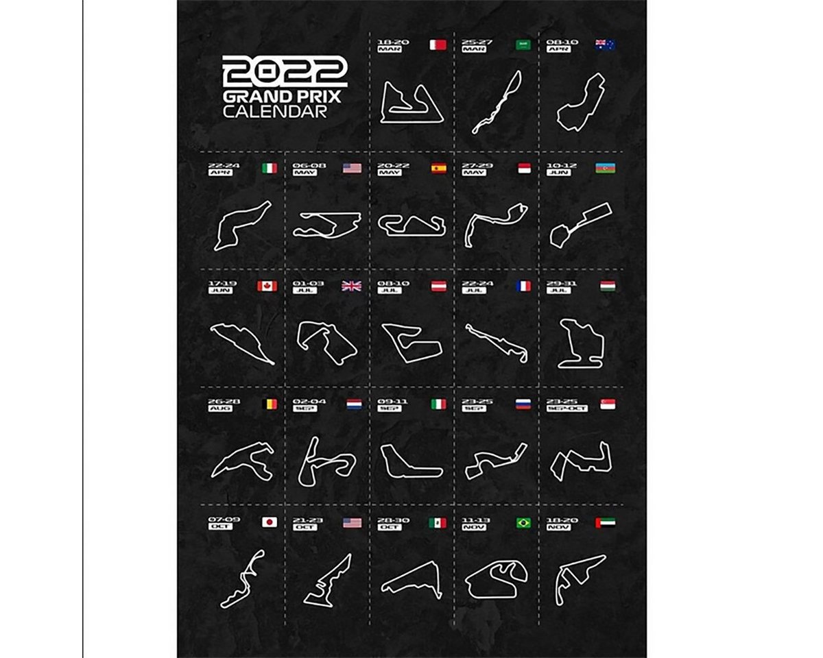 TPFLiving Kunstdruck (OHNE RAHMEN) Poster - Leinwand - Wandbild, Formel 1 2022 - Formula 1 2022 - Kalender mit Rennstrecken (Leinwand Wohnzimmer, Leinwand Bilder, Kunstdruck), Leinwand bunt - Größe 20x30cm von TPFLiving
