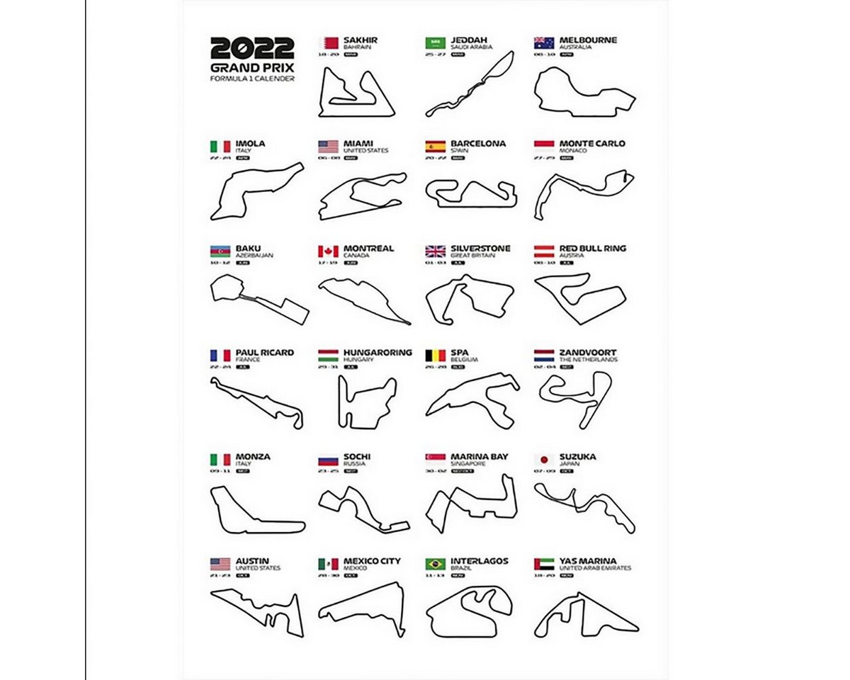 TPFLiving Kunstdruck (OHNE RAHMEN) Poster - Leinwand - Wandbild, Formel 1 2022 - Formula 1 2022 - Kalender mit Rennstrecken (Leinwand Wohnzimmer, Leinwand Bilder, Kunstdruck), Leinwand bunt - Größe 20x30cm von TPFLiving