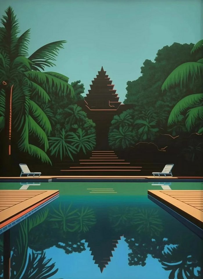TPFLiving Kunstdruck (OHNE RAHMEN) Poster - Leinwand - Wandbild, Hiroshi Nagai Japan Pool Palme Sonnenuntergang Nordische Leinwand (Leinwandbild XXL), Farben: Schwarz, Blau, Grün, Orange, Lila -Größe: 40x60cm von TPFLiving
