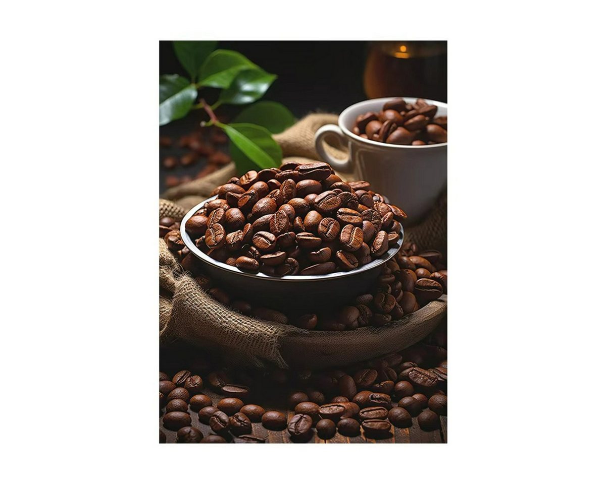 TPFLiving Kunstdruck (OHNE RAHMEN) Poster - Leinwand - Wandbild, Kaffee-Kunst, Kaffeebohne, Barista, Kaffeemaschine, Küche, Leinwand (Leinwandbild XXL), Farben: Schwarz, Braun, Grün, Orange, Weiß -Größe: 50x75cm von TPFLiving