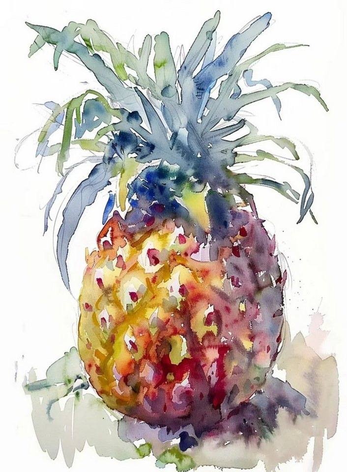 TPFLiving Kunstdruck (OHNE RAHMEN) Poster - Leinwand - Wandbild, Küche Obst Ananas Pfirsiche Birne Aquarell Leinwand Malerei (Leinwandbild XXL), Farben: Rot, Orange, Gelb, Grün, Weiß, Blau - Größe: 20x30cm von TPFLiving