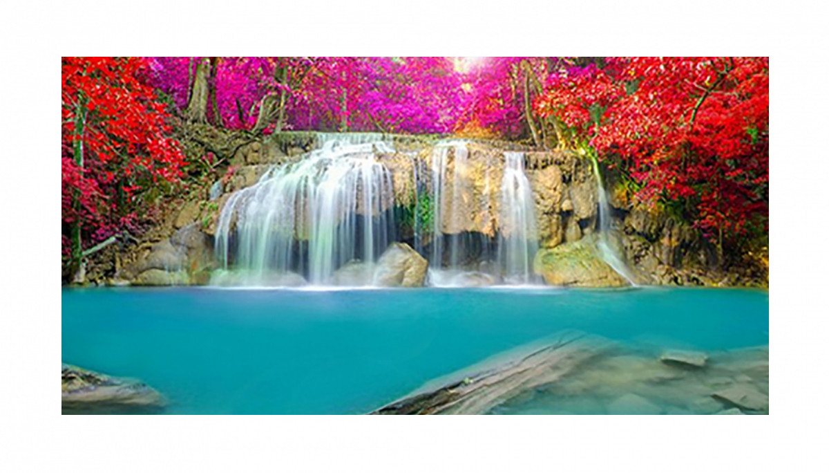 TPFLiving Kunstdruck (OHNE RAHMEN) Poster - Leinwand - Wandbild, Landschaft - Natur - Wasserfall - (Leinwand Wohnzimmer, Leinwand Bilder, Kunstdruck), Farben: Grün, Rot, Blau, Gelb, Braun - Größe 40x80cm von TPFLiving