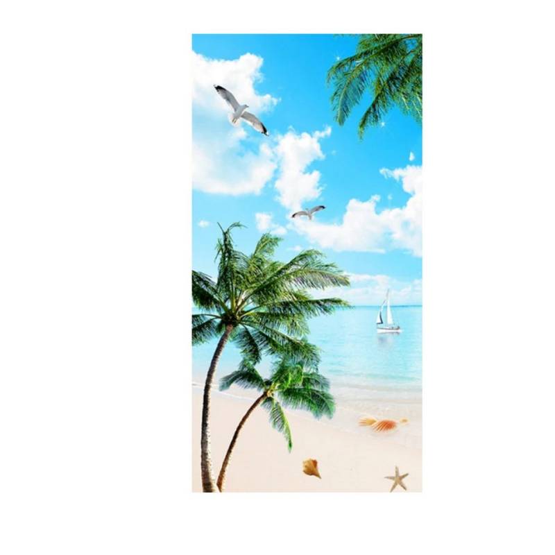 TPFLiving Kunstdruck (OHNE RAHMEN) Poster - Leinwand - Wandbild, Landschaft grüner Wald Weg Leiter Strand Meer Palme Leinwandgemälde (Leinwandbild XXL), Farben: Grün, Weiß, Schwarz, Blau, Braun, Gelb -Größe: 70x140cm von TPFLiving
