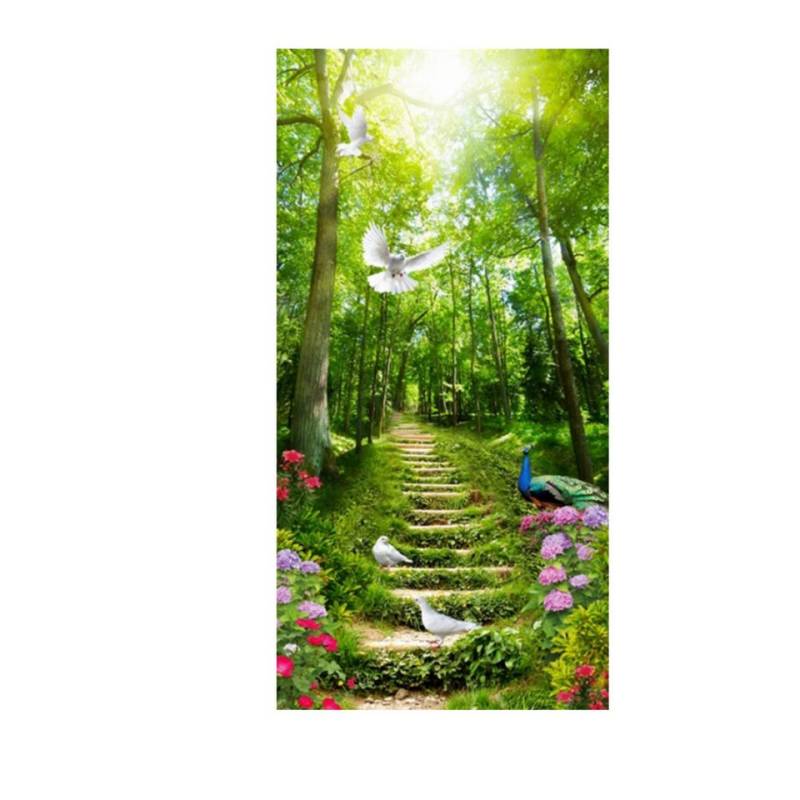 TPFLiving Kunstdruck (OHNE RAHMEN) Poster - Leinwand - Wandbild, Landschaft grüner Wald Weg Leiter Strand Meer Palme Leinwandgemälde (Leinwandbild XXL), Farben: Grün, Weiß, Schwarz, Blau, Braun, Gelb -Größe: 80x160cm von TPFLiving