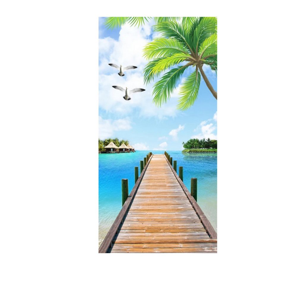 TPFLiving Kunstdruck (OHNE RAHMEN) Poster - Leinwand - Wandbild, Landschaft grüner Wald Weg Leiter Strand Meer Palme Leinwandgemälde (Leinwandbild XXL), Farben: Grün, Weiß, Schwarz, Blau, Braun, Gelb -Größe: 40x80cm von TPFLiving