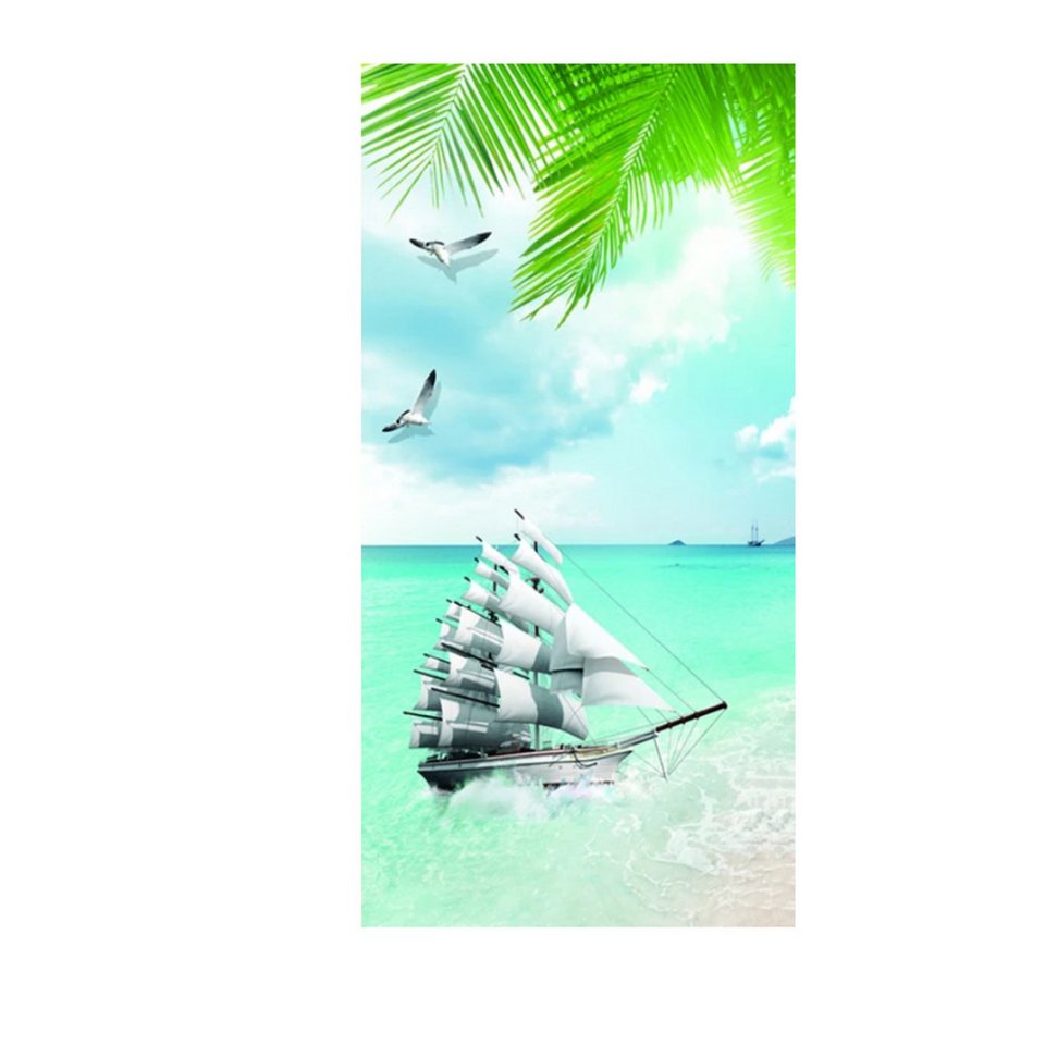 TPFLiving Kunstdruck (OHNE RAHMEN) Poster - Leinwand - Wandbild, Landschaft grüner Wald Weg Leiter Strand Meer Palme Leinwandgemälde (Leinwandbild XXL), Farben: Grün, Weiß, Schwarz, Blau, Braun, Gelb -Größe: 40x80cm von TPFLiving