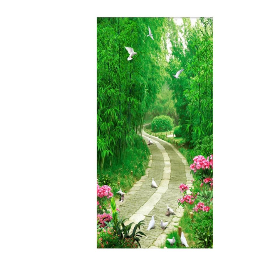 TPFLiving Kunstdruck (OHNE RAHMEN) Poster - Leinwand - Wandbild, Landschaft grüner Wald Weg Leiter Strand Meer Palme Leinwandgemälde (Leinwandbild XXL), Farben: Grün, Weiß, Schwarz, Blau, Braun, Gelb -Größe: 20x40cm von TPFLiving