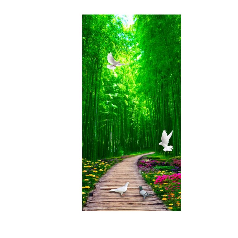 TPFLiving Kunstdruck (OHNE RAHMEN) Poster - Leinwand - Wandbild, Landschaft grüner Wald Weg Leiter Strand Meer Palme Leinwandgemälde (Leinwandbild XXL), Farben: Grün, Weiß, Schwarz, Blau, Braun, Gelb -Größe: 30x60cm von TPFLiving