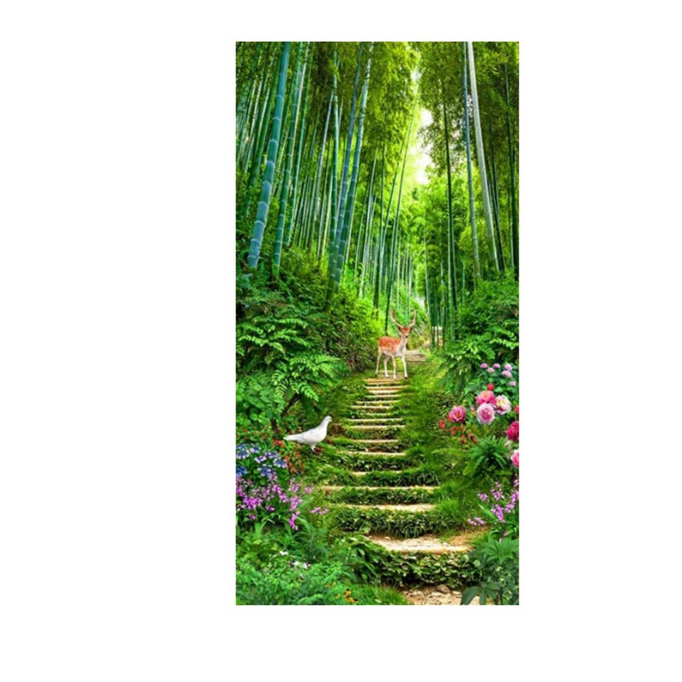 TPFLiving Kunstdruck (OHNE RAHMEN) Poster - Leinwand - Wandbild, Landschaft grüner Wald Weg Leiter Strand Meer Palme Leinwandgemälde (Leinwandbild XXL), Farben: Grün, Weiß, Schwarz, Blau, Braun, Gelb -Größe: 30x60cm von TPFLiving