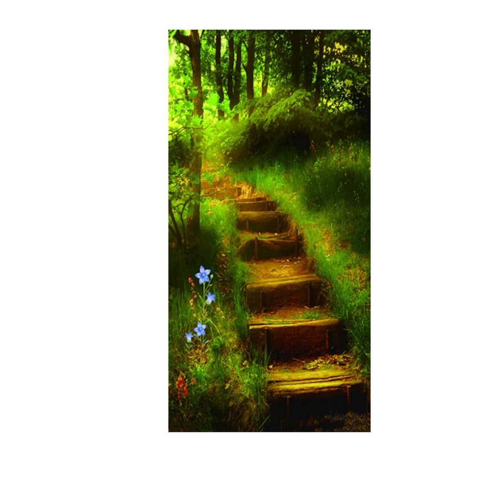 TPFLiving Kunstdruck (OHNE RAHMEN) Poster - Leinwand - Wandbild, Landschaft grüner Wald Weg Leiter Strand Meer Palme Leinwandgemälde (Leinwandbild XXL), Farben: Grün, Weiß, Schwarz, Blau, Braun, Gelb -Größe: 40x80cm von TPFLiving