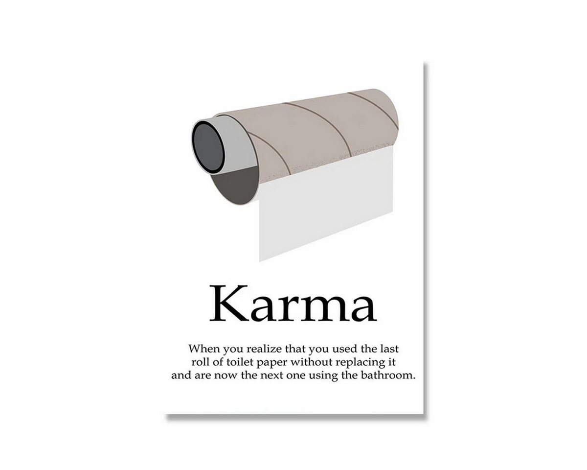 TPFLiving Kunstdruck (OHNE RAHMEN) Poster - Leinwand - Wandbild, Lustige Toiletten-Badezimmer-Regeln-Humor-Karma-Leinwand (Leinwandbild XXL), Farben: Gelb, Rot, Blau, Schwarz, Grün, Weiß - Größe: 20x25cm von TPFLiving