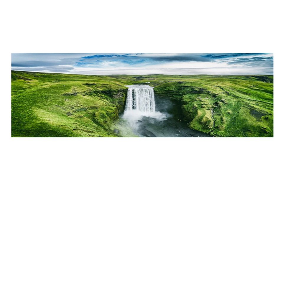 TPFLiving Kunstdruck (OHNE RAHMEN) Poster - Leinwand - Wandbild, Natur Island Grünes Gras Wasserfall Nordisches Leinwandgemälde (Leinwandbild XXL), Farben: Grün, Weiß, Blau, Schwarz, Orange -Größe: 50x150cm von TPFLiving