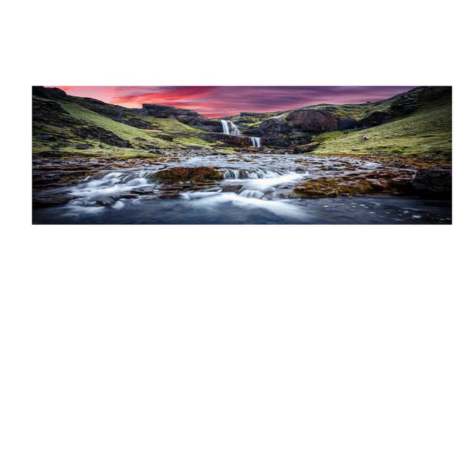 TPFLiving Kunstdruck (OHNE RAHMEN) Poster - Leinwand - Wandbild, Natur Island Grünes Gras Wasserfall Nordisches Leinwandgemälde (Leinwandbild XXL), Farben: Grün, Weiß, Blau, Schwarz, Orange -Größe: 30x90cm von TPFLiving