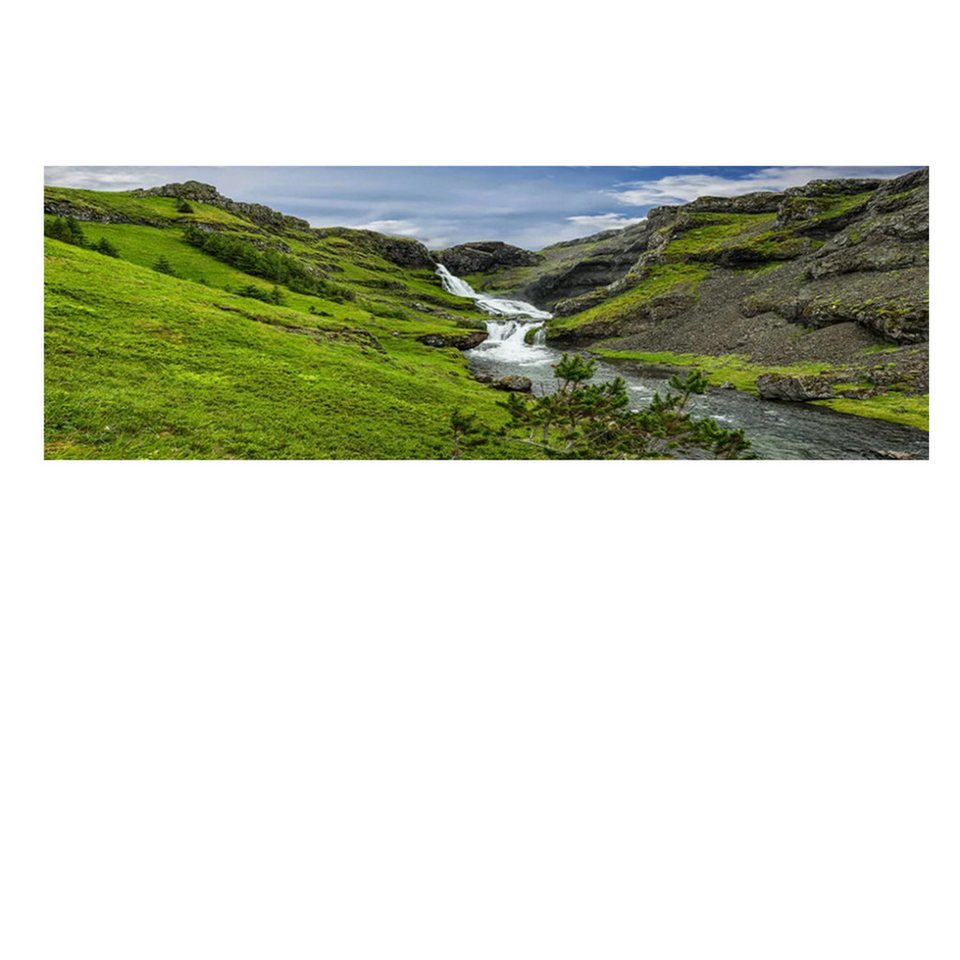 TPFLiving Kunstdruck (OHNE RAHMEN) Poster - Leinwand - Wandbild, Natur Island Grünes Gras Wasserfall Nordisches Leinwandgemälde (Leinwandbild XXL), Farben: Grün, Weiß, Blau, Schwarz, Orange -Größe: 20x60cm von TPFLiving