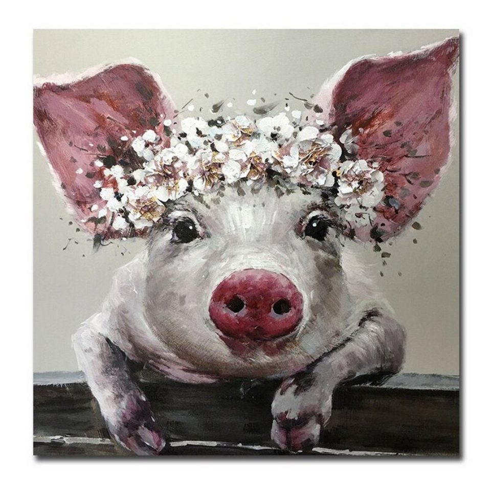 TPFLiving Kunstdruck (OHNE RAHMEN) Poster - Leinwand - Wandbild, Nettes Schwein mit Blumen auf dem Kopf (Verschiedene Größen), Farben: Leinwand bunt - Größe: 60x60cm von TPFLiving