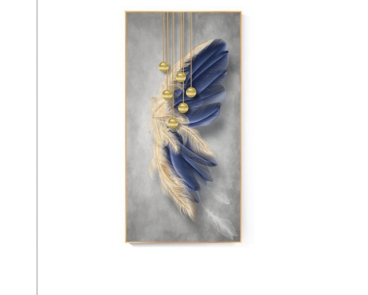 TPFLiving Kunstdruck (OHNE RAHMEN) Poster - Leinwand - Wandbild, Nordic Art - Blaue und goldene Federn - Bilder Wohnzimmer - (5 Motive in 4 verschiedenen Größen zur Auswahl), Farben: Blau, Gold - Größe: 40x80cm von TPFLiving